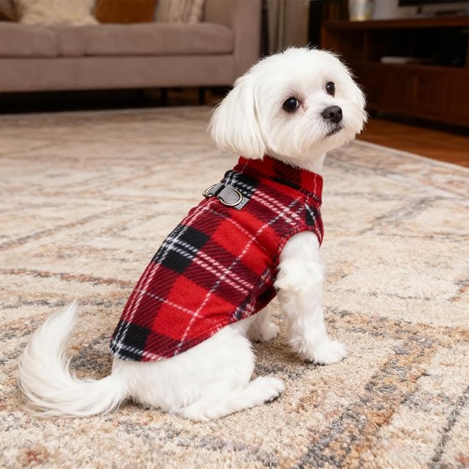 BEAUTYZOO Dog Fleece Vest Sweater Winter Jacket for Small and Medium Dogs with D-Ring Leash Cold Weather Coat Hoodie for XS S M Dogs Boy or Girls, Red Buffalo S