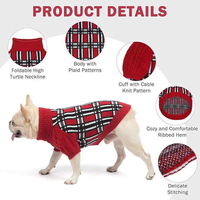 SCENEREAL Turtleneck Dog Sweater for Small Medium Large Dogs Girls Boys, Christmas Plaid Pullover Puppy Sweatershirt, Dogs Cold Weather Outfit Clothes, Ideal Gift for Pet in New Year, Red Plaid SM