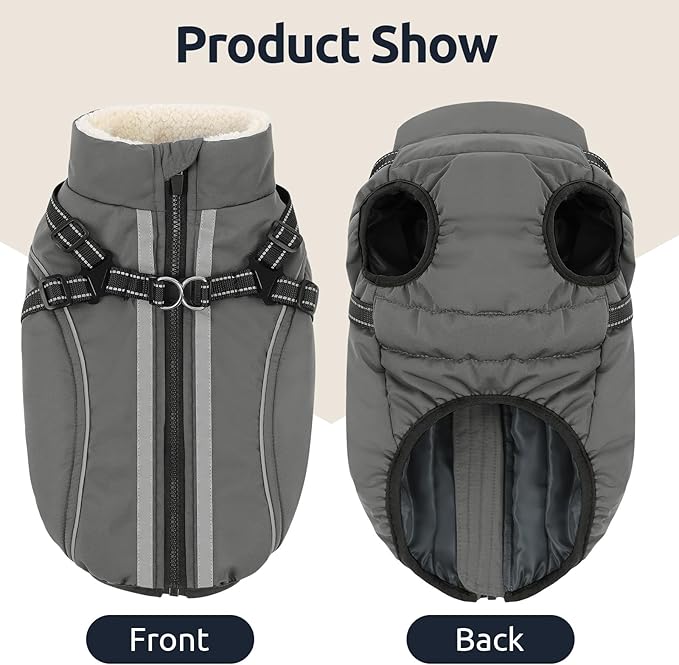 Dog Winter Coat with Harness Built in Warm Puffer Dog Jackets for Small Medium Large Dogs Windproof Waterproof Outfit with Plush Lining and Reflective Stripes (Grey, XL)