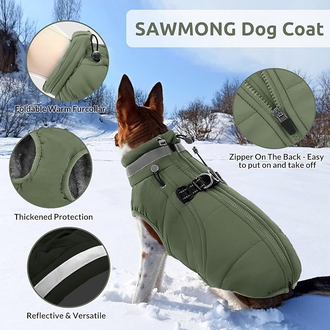 SAWMONG Dog Coat, Warm Dog Winter Coat, Waterproof Fleece Jacket, Cold Weather Dogs Jacket (XL,Green)