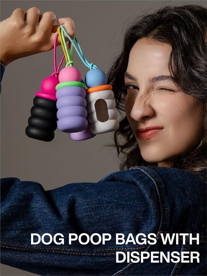 Dog Waste Bag Dispenser Pet Poop Bags Holder for Leash Lightweight Doggie Waste Bags Dispensers with Leash Attachment Includes 15 Bags(pink fuzz)