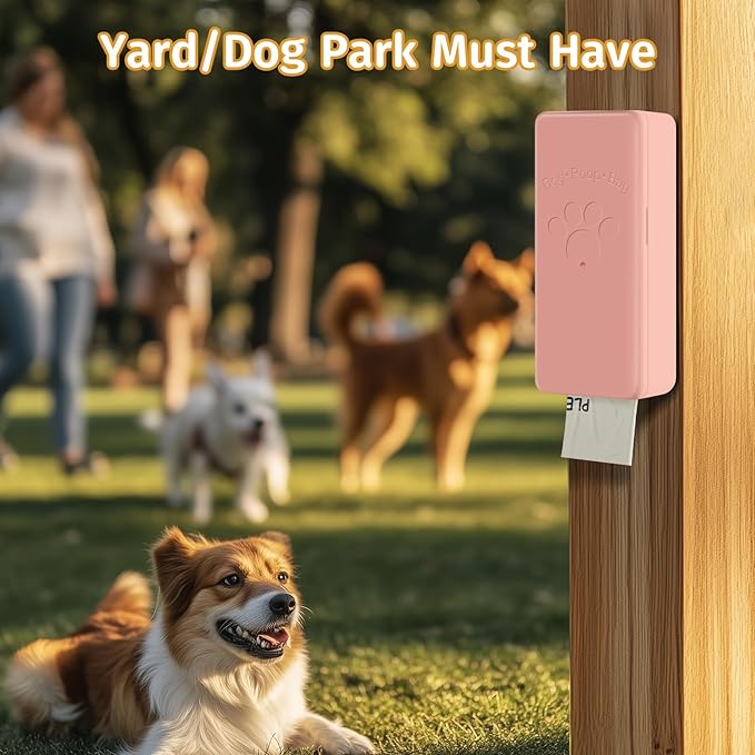Dog Poop Bag Dispenser, Wall-Mounted dispenser Outdoor or Indoor for Doggy and Pets, Pink Dog Poop Bag Holder for Yard and Park, Included 4 Rolls (60 Bags)