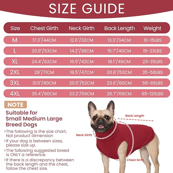 ROZKITCH Dog Sweaters Soft Fleece Pullover Sweatshirt Pajamas, Turtleneck Warm Pet Cold Weather Jacket Stretchy Vest Jumpsuit Apparel Outfit Clothes for Small Medium Large Dogs Walking Sleep Red 4XL
