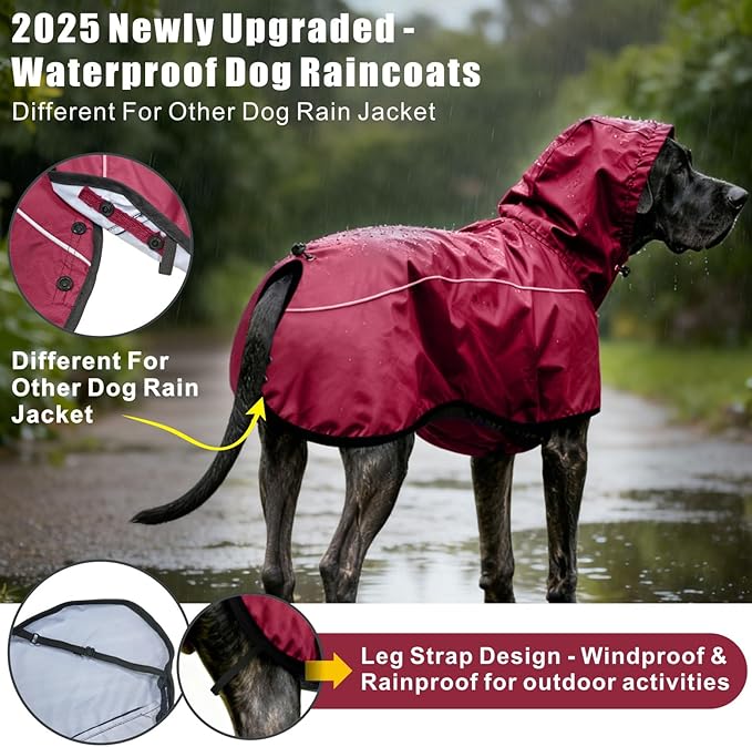 Mosucoirl Dog Raincoat Jacket Reflective Adjustable Hooded Pet Poncho Rain Coats with Leash Hole Waterproof Clothes for Small Medium Large Dogs (Red, S)