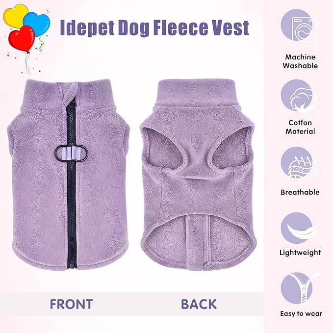 Idepet Dog Fleece Vest Sweater Zip Up Warm Pullover Dogs Jacket with D-Ring Leash Winter Cold Weater Coat Pet Sweatershirt Clothes Hoodie for Small Medium Dogs Boy Girl (Purple, S)