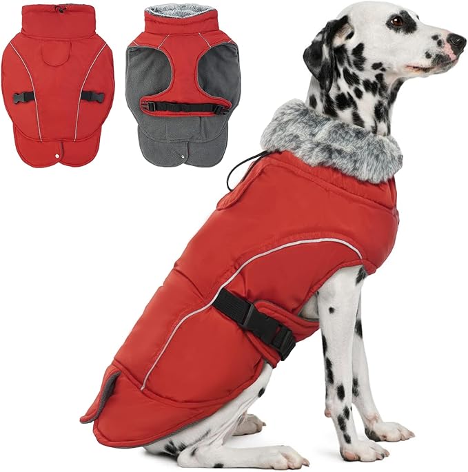 DENTRUN Dog Winter Coat - Windproof Reflective Jacket, Plush Turtleneck & Adjustable Belt, Water Repellent Fleece Lined Cold Weather Vest for Corgi Bulldog, Red, L
