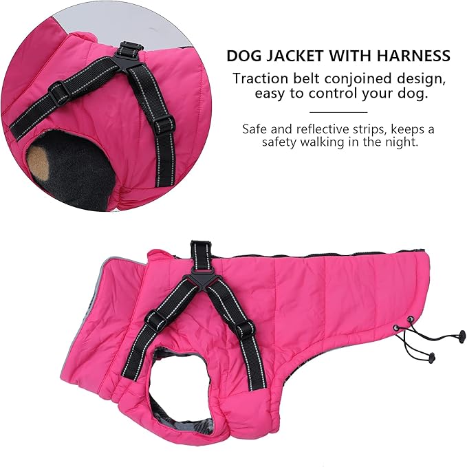 Geyecete Winter Warm Coat Waterproof Dog Winter Jacket with Harness Traction Belt,Pet Outdoor Jacket Dog Autumn and Winter Clothes for Medium, Small Dog-Pink-XL