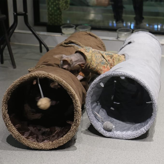 Cat Tunnel for Indoor Cats, 51×12 inch Foldable Big Cat Tunnel, Brown Suede Pet Tunnels with Two Peepholes and a Bubble Ball