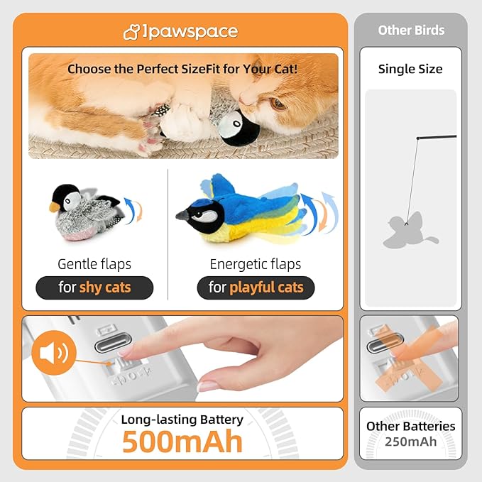 Interactive Flapping Bird Cat Toy with Catnip, Touch Activated Rechargeable, Musical Sound (can Turn Off), Satisfy Cat's Natural Huting Instinct, Soft Plush Washable Cover (Green)