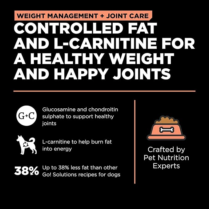 Go! Solutions Weight Management + Joint Care, Grain-Free Dry Dog Food, Salmon Adult and Senior Recipe, 22 lb Bag