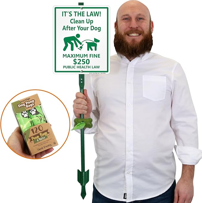 SmartSign It’s Law Clean Up After Your Dog Maximum Fine $250 Yard Sign & Clip-On Preloaded Dispenser Combo/Kit with 135 Dog Poop Waste Bags, 10"x12" Rust-proof Aluminum Sign with 3ft Steel Stake