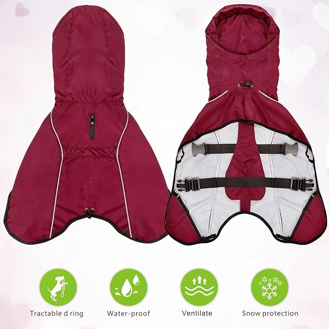 Mosucoirl Dog Raincoat Jacket Reflective Adjustable Hooded Pet Poncho Rain Coats with Leash Hole Waterproof Clothes for Small Medium Large Dogs (Red, L)