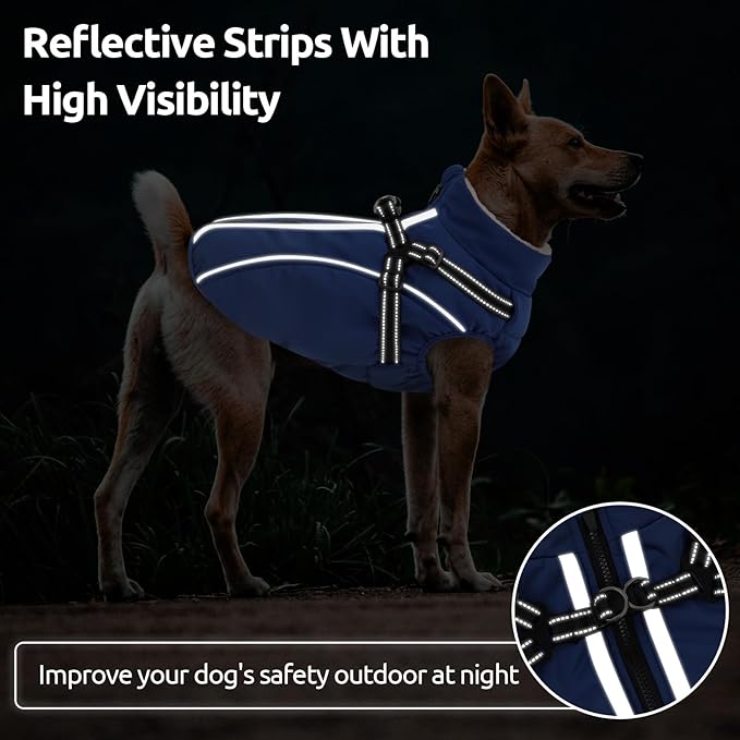 Dog Winter Coat with Harness Built in Warm Puffer Dog Jackets for Small Medium Large Dogs Windproof Waterproof Outfit with Plush Lining and Reflective Stripes (Blue, M)