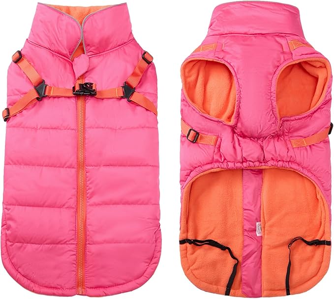 Geyecete Winter Warm Coat Waterproof Dog Winter Jacket with Harness Traction Belt,Windproof Pet Outdoor Jacket Dog Autumn-Pink-M