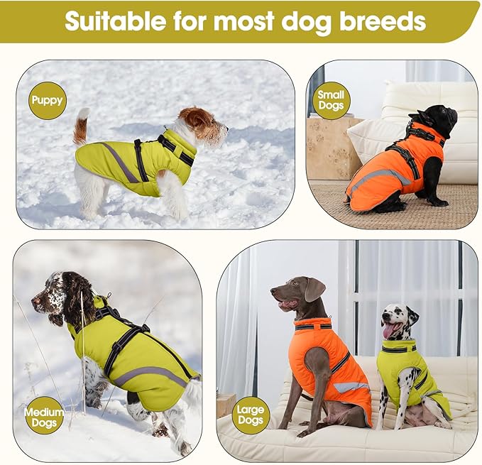 BRKURLEG Dog Winter Jackets for Small Dogs, Dog Coat with Harness Built in, Dogs Snowsuits with Zipper, Waterproof Windproof Pet Puffer Jacket Fleece Vest for Shih Tzu, Maltese, Green S