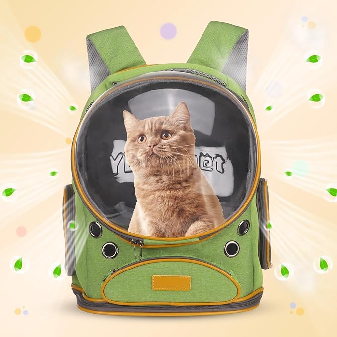 Pet Backpack Carrier, Portable and Ventilated, Oxford Cloth, Dog Cat Travel Bag with Transparent Cover 12.6", (Green, 1 Pcs), Intended for Hiking/Camping/Traveling