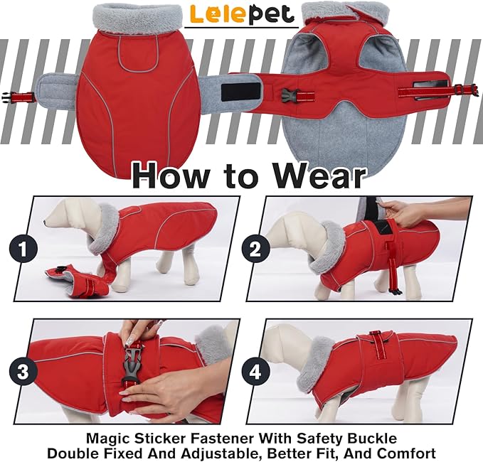 Lelepet Warm Dog Coat - Reflective Waterproof Fleece Vest with Adjustable Buckle Hook & Loop, Windproof Winter Jacket Dog Coats for Small Medium Large Dogs, Red, XXL