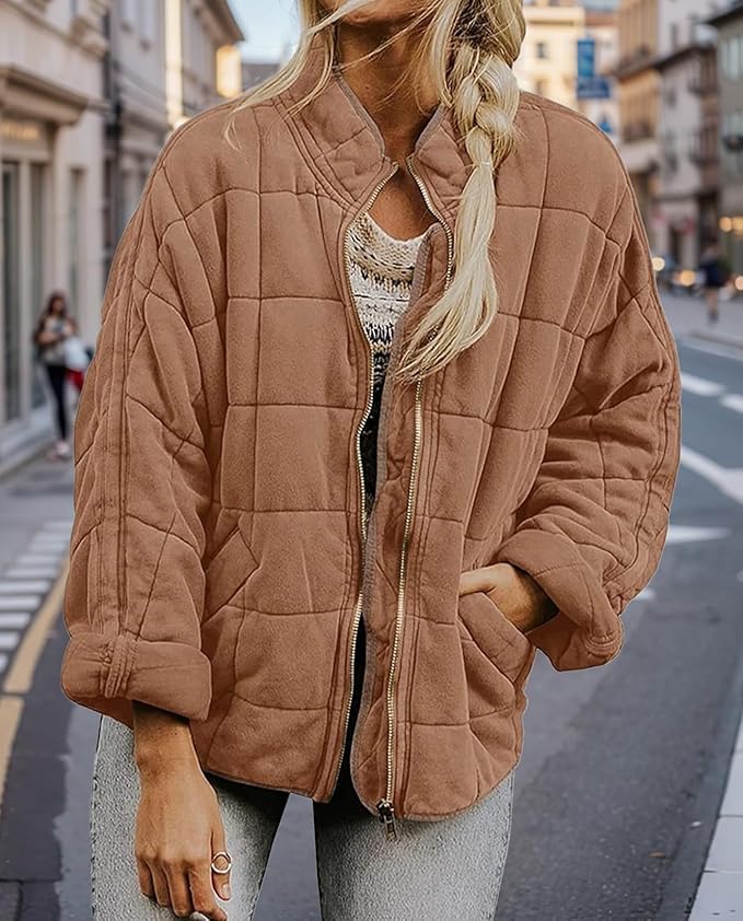 LIZALIG Warm Padded Coat for Women Full Zip Quilted Jackets Winter Oversized Causal Solid Color Stand Collar Pockets Coat