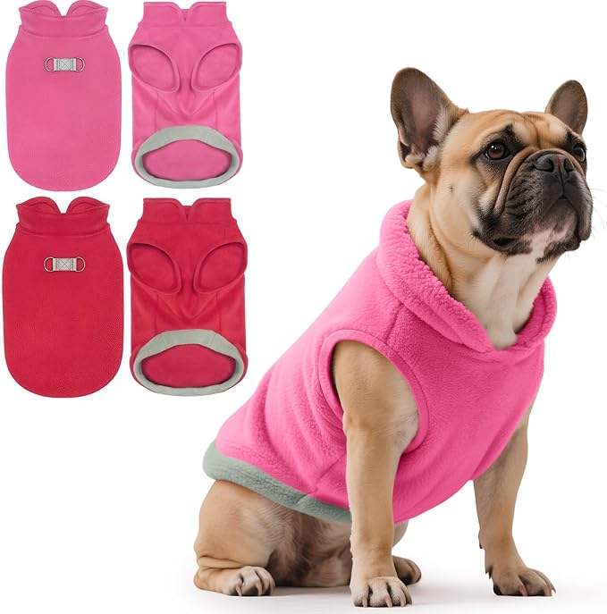 Idepet 2 Pack Dog Fleece Vest Sweater Warm Pullover Jacket with D-Ring Leash Reflective Winter Coat Hoodie for French Bulldog Pug Chihuahuas Yorkies Dachshunds(Red&Rose Red,Large-French Bulldog)