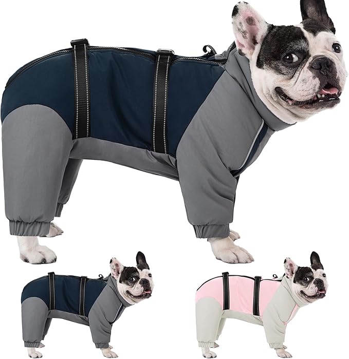 KOESON Four Legged Winter Coat, Warm Small Dog Jacket with Adjustable Buckles, Turtleneck Windproof Dog Fleece Jackets Reflective Fullbody Snowsuit Puffer Coat Blue Grey S