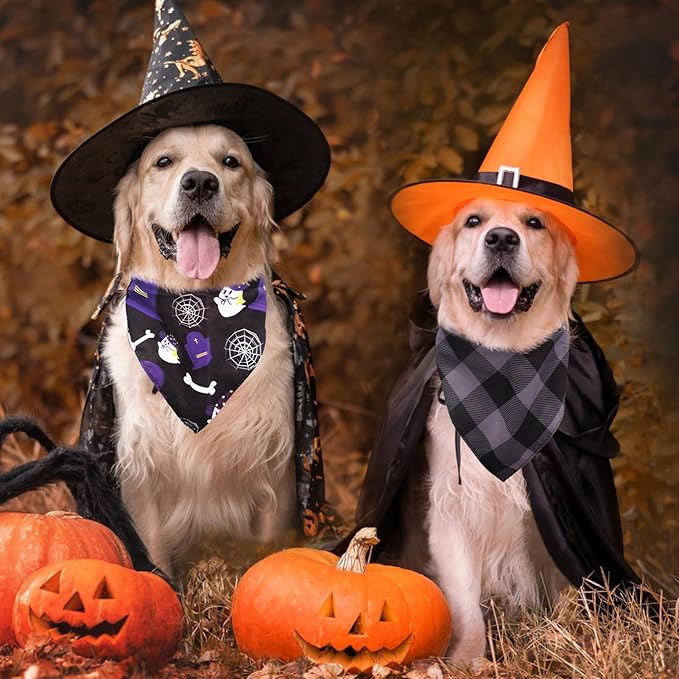 SCENEREAL Halloween Dog Bandanas 2 Pack, Puppy Fall Triangle Bibs Handkerchief Ghost Black Cat, Reversible Holiday Dog Bandana for Boy and Girl, Premium Pet Scarf for Small Medium Large Dogs L
