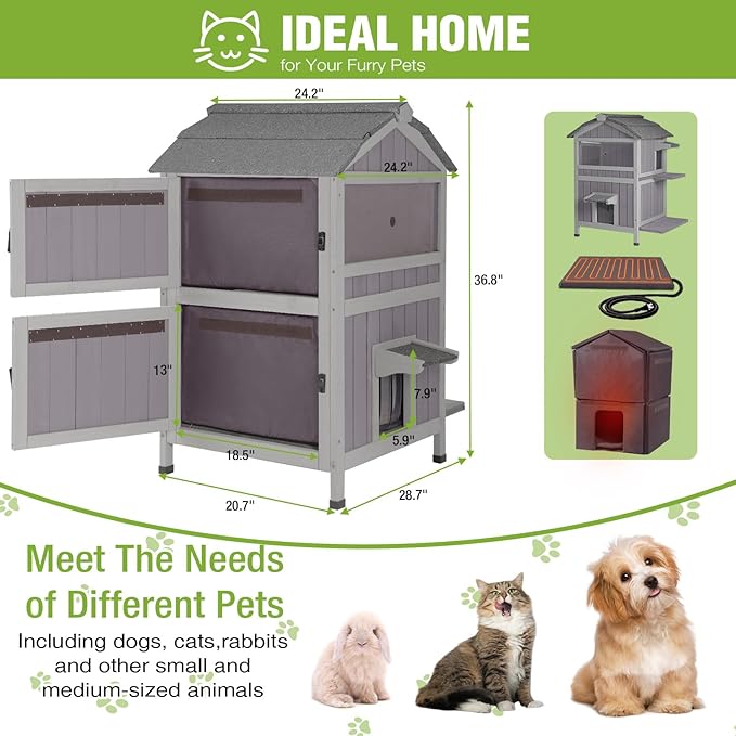 GUTINNEEN 2-Story Heated Cat House for Outside Large Insulated Cat House Outdoor Weatherproof Feral Cat Shelter with Heated Pad, Insulated All-Round Thermal Liner for 1-4 Cats
