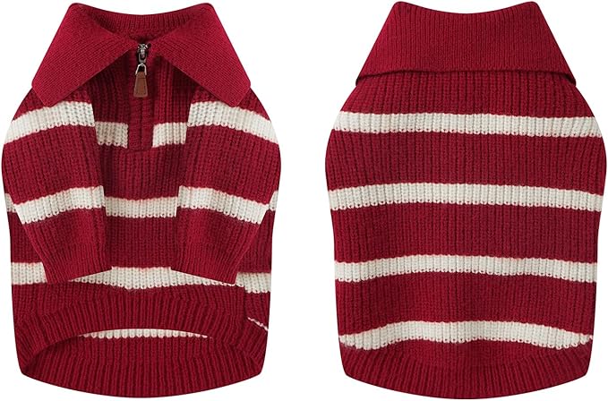 Small Dog Sweater with Zipper, Knitted Striped Pullover Dog Clothes for Cold Weather, Thick Warm Cozy Stretchy Sweater for Chihuahua, Bulldog, Dachshund, Pug(Red & White Strip, M)