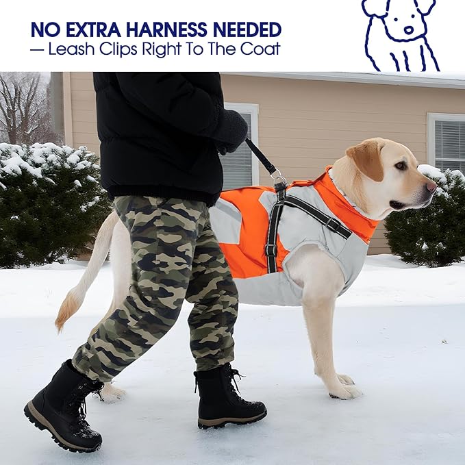 FUAMEY Dog Winter Jackets for Small Dogs,Dog Coat with Harness Built in,Waterproof Dogs Snowsuits Warm Pet Jacket Zip Up Fleece Cold Weather Coats Reflective Puppy Vest with Pocket Orange S
