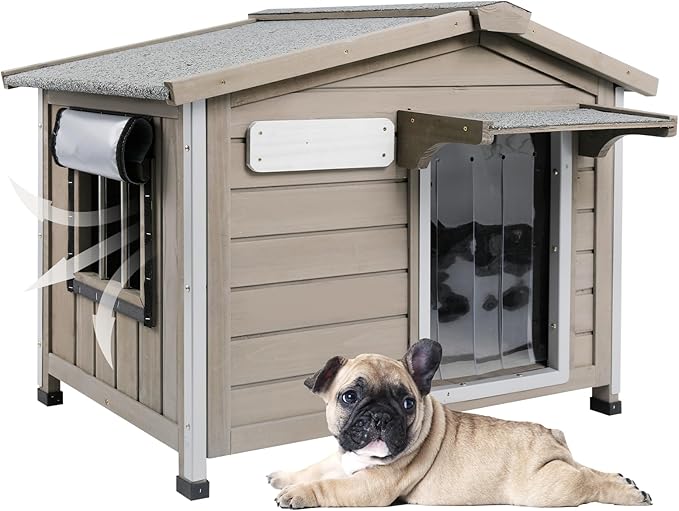 Outdoor Dog House with Chew-Proof Iron Frame, Wooden Dog Kennel Weatherproof，Removable Floor, Adjustable Vent Window, Easy Assembly for Medium and Small Dog, 30" L x 21" W x 24" H