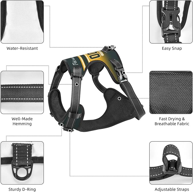 Custom Green Bay Dog Harness with Reflective Stripes Personalized Name and Number Dog Vest Harness with Pet Traction Rope for Small Medium Large Dog