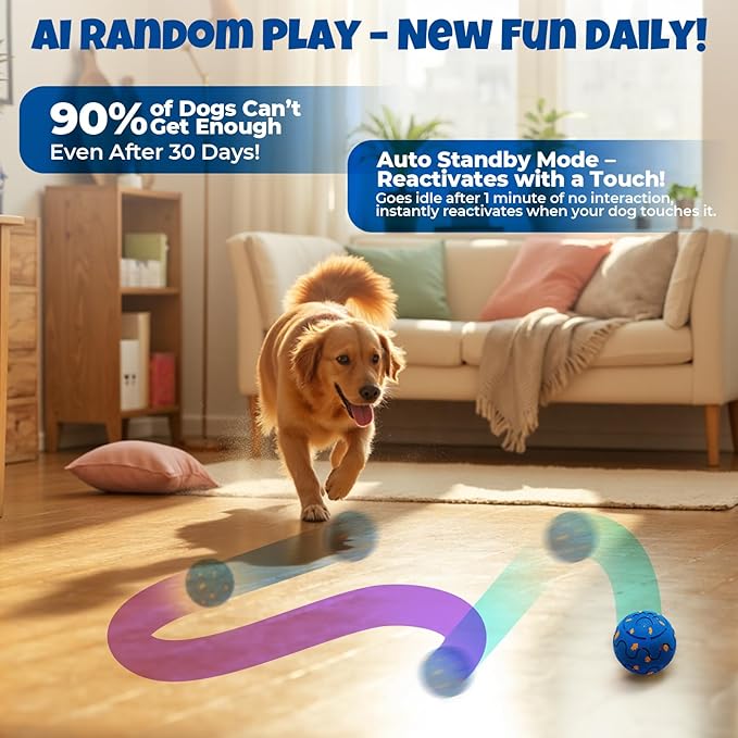 Dog Balls: Interactive Dog Ball Auto Rolling - Interactive Dog Toys for Aggressive Chewers - Bouncy & Throwable, Type-C Rechargeable, Washable, for Small & Medium & Large Dogs – Blue