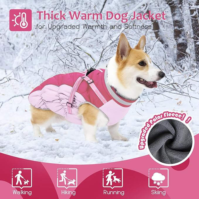 Dog Winter Coat with Harness, Dog Jacket, Pet Clothes with Zipper on Back, Waterproof Windproof Warm Vest, Reflective Cold Weather Coats, for Small Medium Large Dogs, Thick, Pink,XS