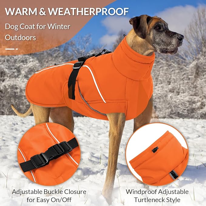 Queenmore Winter Dog Coat Warm Dog Jacket Vest Waterproof Puffer Fleece Snowsuit Adjustable Buckle Leash Hole Reflective Cold Weather Parka for Small Medium Large Dogs Girl Boy Orange XXXL