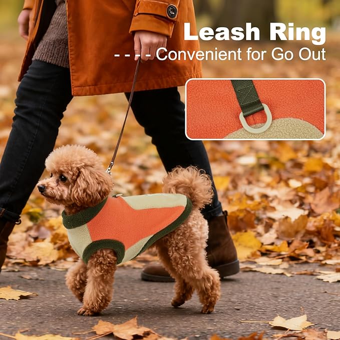 Cozy Dog Fleece Jacket,Winter Warm Puppy Pullover with D-Ring, Sleeveless & Soft Stretch Vest for Small Dogs Running,Jogging,Hiking,Cold Weather Hoodie,Machine Washable,Orange,Size S