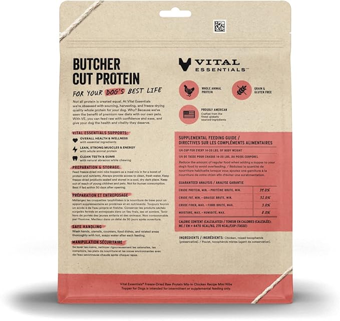 Vital Essentials Freeze Dried Raw Protein Mix-in Dog Food Topper, Chicken Mini Nibs Topper for Dogs, 18 oz