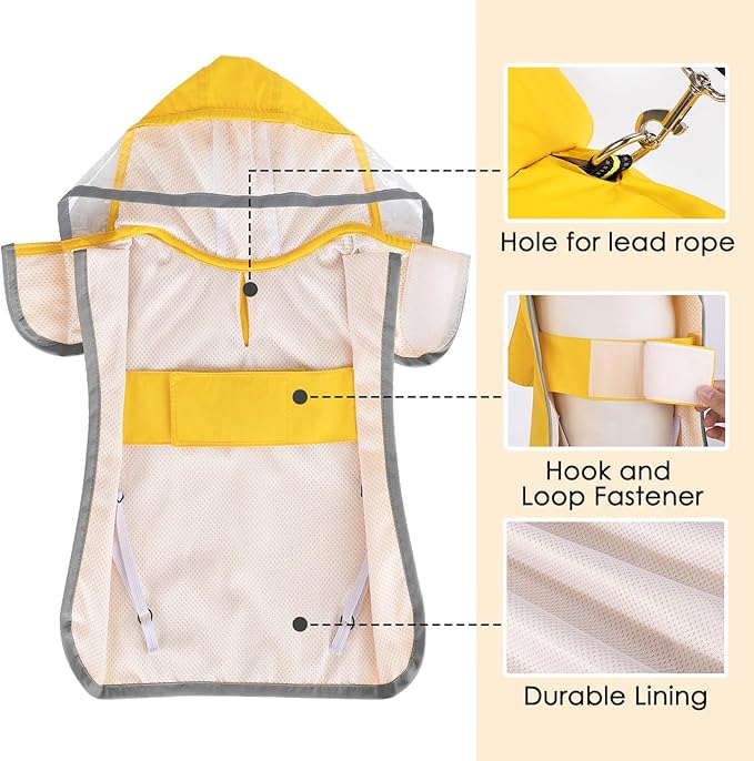 SlowTon Dog Raincoat, Adjustable Dog Rain Jacket Clear Hooded Double Layer, Waterproof Poncho with Reflective Strip Straps and Storage Pocket for Small Medium Large Dog (XXXL)