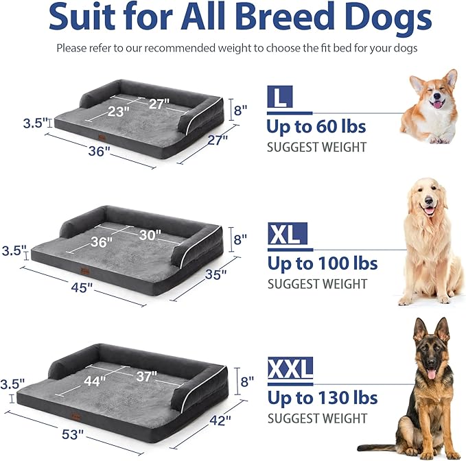 Orthopedic Dog Beds for Extra Large Dogs, Waterproof Egg Crate Foam XL Dog Bed with Sides 45 * 35Inch, Big Dogs Couch Beds with Removable Washable Cover and Nonskid Bottom, Dark Grey