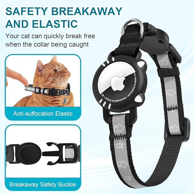 Airtag Cat Collar, Reflective Cat Collar with Apple Air Tag Holder, Breakaway GPS Tracker Pet Collar with Bell for Cat Kitten, Airtag Not Included, Black, XS(7-9 Inch)