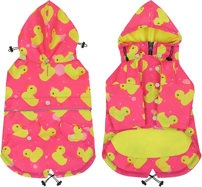 HDE Dog Raincoat Poncho Double Layer Zip Rain Jacket with Removable Hood, Leash Hole for Small to 3XL Dogs and Puppies Ducks Pink - 2XL