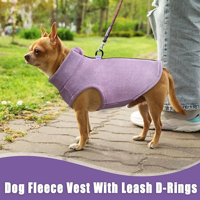 Idepet Dog Fleece Vest Sweater Zip Up Warm Pullover Dogs Jacket with D-Ring Leash Winter Cold Weater Coat Pet Sweatershirt Clothes Hoodie for Small Medium Dogs Boy Girl (Purple, XL)
