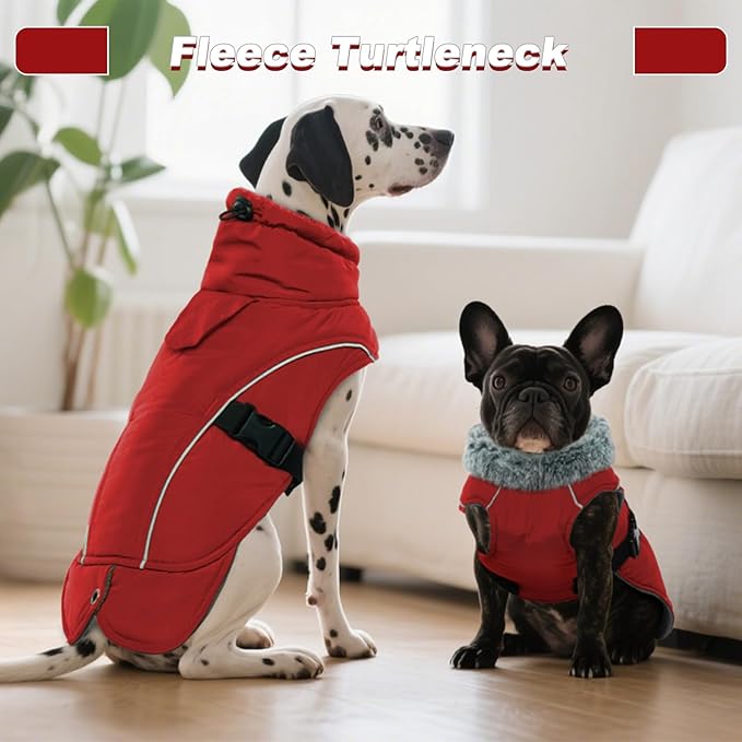 DENTRUN Extra Large Warm Dog Jacket - Windproof Water Repellent Reflective Coat, Adjustable Plush Turtleneck, Easy Wear Fleece Lined Cold Weather Vest for Great Dane, Red, XXXL