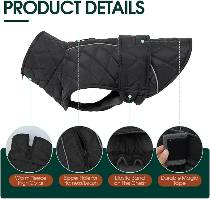 Kuoser Super-Warm Dog Jacket Windproof Cold Weather Coats for Extra Large Dogs, Fleece Lining Turtleneck Dog Snowsuit Reflective Adjustable Pet Winter Coat, Dark Grey 3XL