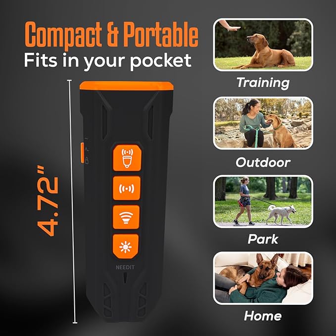 NEEDIT Dog Bark Deterrent Device to Stop Own or Neighbor’s Dog Barking, Biting & Fighting with Long Range – Rechargeable Ultrasonic Portable Anti Barking Device with 3X Sonic Emitters & Flash (Black)