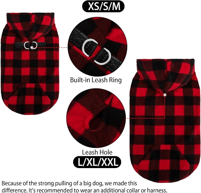 EXPAWLORER Dog Hoodie Fleece Sweater Vest, Plaid Dog Sweatshirt Fall Winter Pet Clothes with Leash Ring, Sleeveless Warm Cozy Puppy Clothing for Cat Small Medium Large Dogs Girl Boy, Checkered M