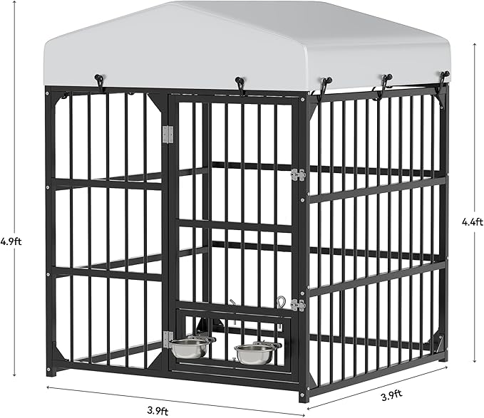 DWVO Outdoor Dog Enclosure with Rotating Feeder Bowls, 4'L x 4'W x 5'H Dog Kennel Outside with Roof, Heavy Duty Dog Cage with UV-Resistant Waterproof Cover for Small Medium Dogs