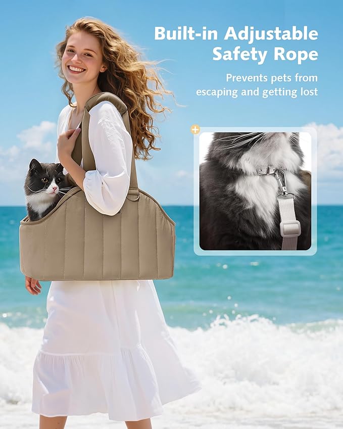 Pecute Dog Purse Carrier, Dog Carriers for Small Dogs with Cotton Soft Sided, Cat Carrier with Large Pockets, Comfortable Pet Carrier for Rabbit, Suitable for Travel, Subway, Veterinary, Khaki