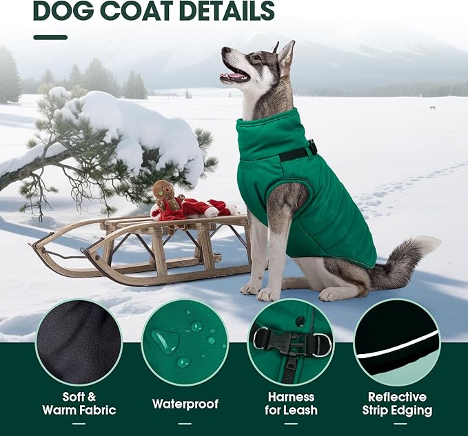 Kuoser Dog Jacket, Coat for Large Dogs with Harness Built-in, Thick Vest with Leash Hole, Cold Weather Snow Jacket for Labrador Beagle, Green XL
