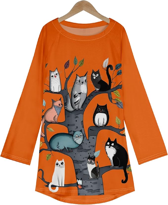 Womens Tunic Shirt Cute Cat Print Long Sleeve Round Neck Women T Shirts Cotton Casual Plus Size Vacation Tunics Tops