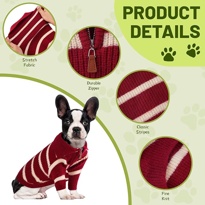 Small Dog Sweater with Zipper, Knitted Striped Pullover Dog Clothes for Cold Weather, Thick Warm Cozy Stretchy Sweater for Chihuahua, Bulldog, Dachshund, Pug(Red & White Strip, S)