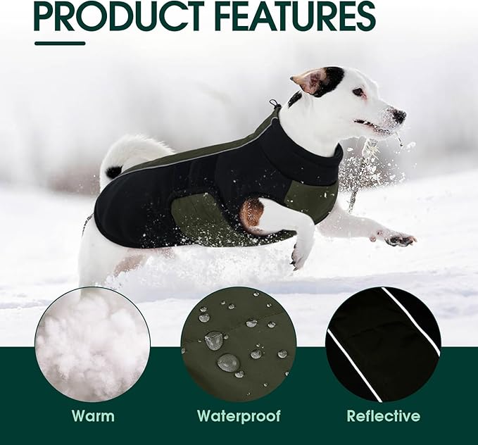 Kuoser Large Dog Coat, Winter Waterproof Dog Jackets for Large Dogs, Reflective Doggie Vest with Leash Hole, Cold Weather Coats Pet Snow Jacket for Labrador Beagle, Green XXL